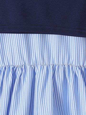 Young Girl' Striped Collar Heart Embroidery Dress + Minimalist Solid Color Shawl