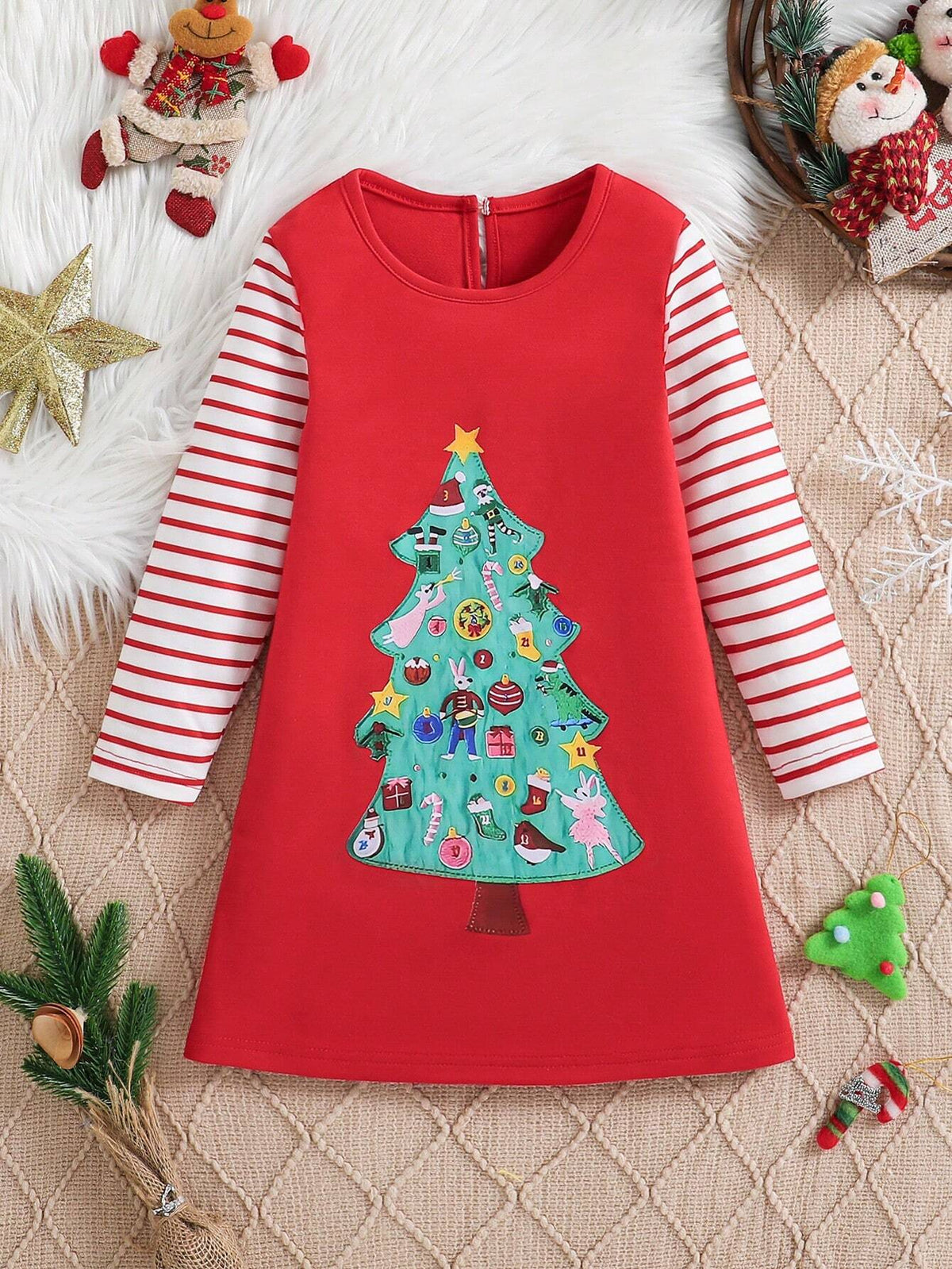 Young Girl Striped Crew Neck Long Sleeve Casual Loose Christmas Tree Print Dress, Spring Autumn