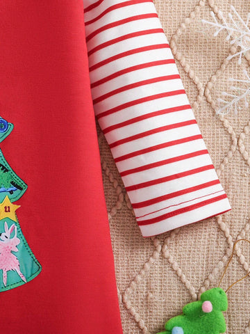 Young Girl Striped Crew Neck Long Sleeve Casual Loose Christmas Tree Print Dress, Spring Autumn