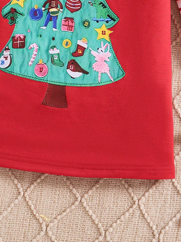 Young Girl Striped Crew Neck Long Sleeve Casual Loose Christmas Tree Print Dress, Spring Autumn