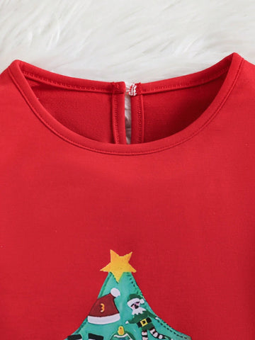 Young Girl Striped Crew Neck Long Sleeve Casual Loose Christmas Tree Print Dress, Spring Autumn