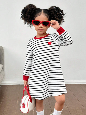Young Girl Striped Heart Print Loose Fit Round Neck Long Sleeve Dress, Suitable For Casual Daily Wear, Indoor & Outdoor
