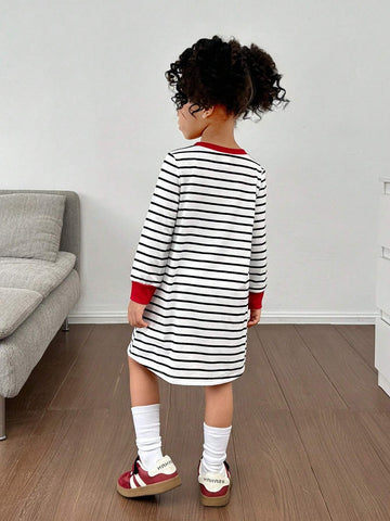 Young Girl Striped Heart Print Loose Fit Round Neck Long Sleeve Dress, Suitable For Casual Daily Wear, Indoor & Outdoor
