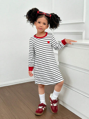 Young Girl Striped Heart Print Loose Fit Round Neck Long Sleeve Dress, Suitable For Casual Daily Wear, Indoor & Outdoor