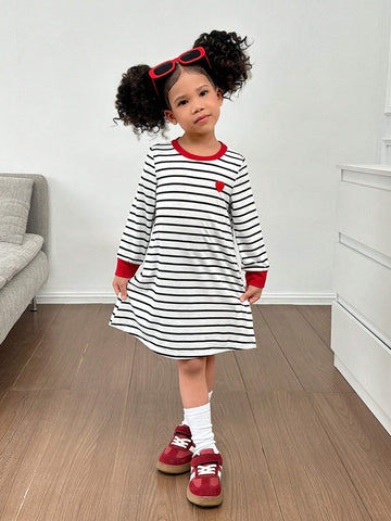 Young Girl Striped Heart Print Loose Fit Round Neck Long Sleeve Dress, Suitable For Casual Daily Wear, Indoor & Outdoor