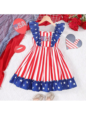 Young Girl Striped Independence Day Element Patchwork Ruffle Hem Dress For Summer