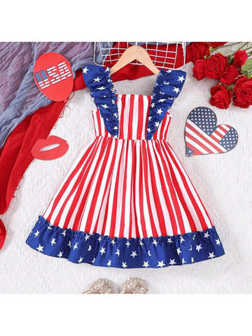 Young Girl Striped Independence Day Element Patchwork Ruffle Hem Dress For Summer