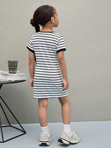 Young Girl Striped Knit Crew Neck Form-Fitting Casual Dress