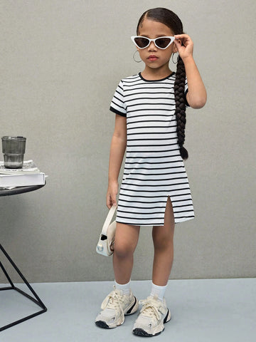 Young Girl Striped Knit Crew Neck Form-Fitting Casual Dress