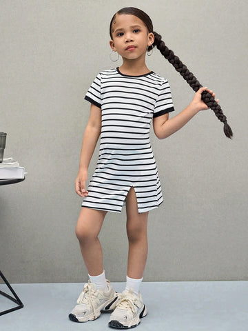 Young Girl Striped Knit Crew Neck Form-Fitting Casual Dress