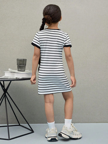 Young Girl Striped Knit Crew Neck Form-Fitting Casual Dress