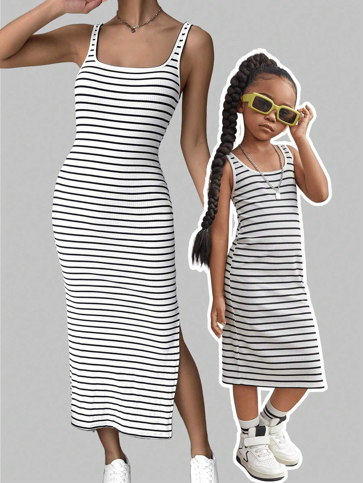 Young Girl Striped Knit Square Neck Integrated Slit Hem Cami Dress