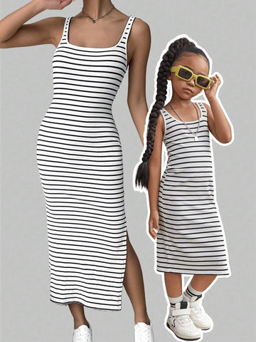 Young Girl Striped Knit Square Neck Integrated Slit Hem Cami Dress