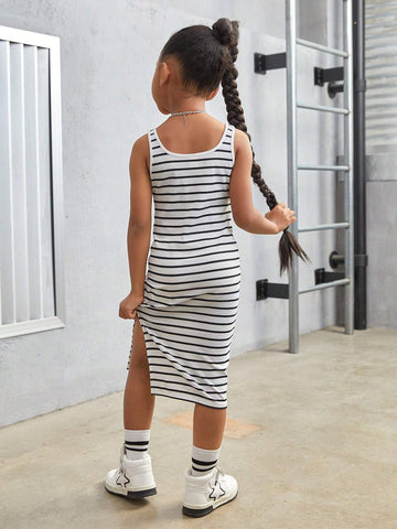 Young Girl Striped Knit Square Neck Integrated Slit Hem Cami Dress