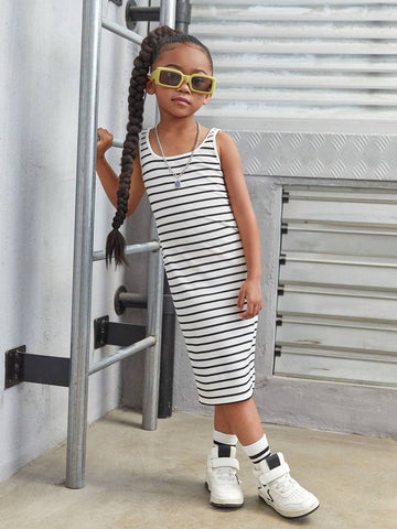Young Girl Striped Knit Square Neck Integrated Slit Hem Cami Dress