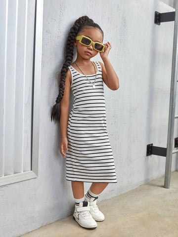 Young Girl Striped Knit Square Neck Integrated Slit Hem Cami Dress