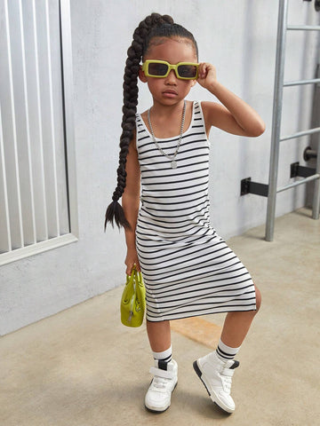 Young Girl Striped Knit Square Neck Integrated Slit Hem Cami Dress