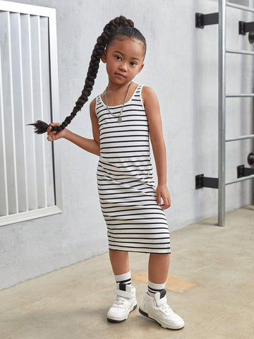 Young Girl Striped Knit Square Neck Integrated Slit Hem Cami Dress
