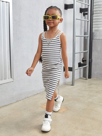 Young Girl Striped Knit Square Neck Integrated Slit Hem Cami Dress