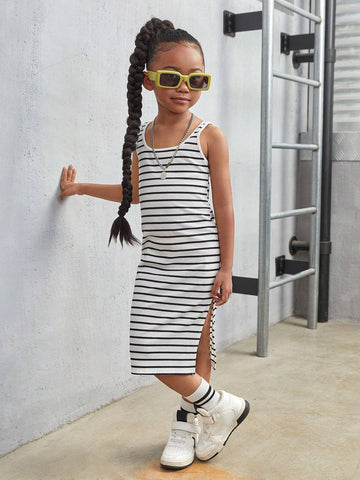 Young Girl Striped Knit Square Neck Integrated Slit Hem Cami Dress