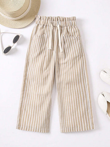 Young Girl Striped Paper Bag Waist Wide Leg Leisure Pants For Vacation