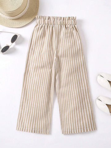 Young Girl Striped Paper Bag Waist Wide Leg Leisure Pants For Vacation