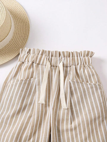 Young Girl Striped Paper Bag Waist Wide Leg Leisure Pants For Vacation