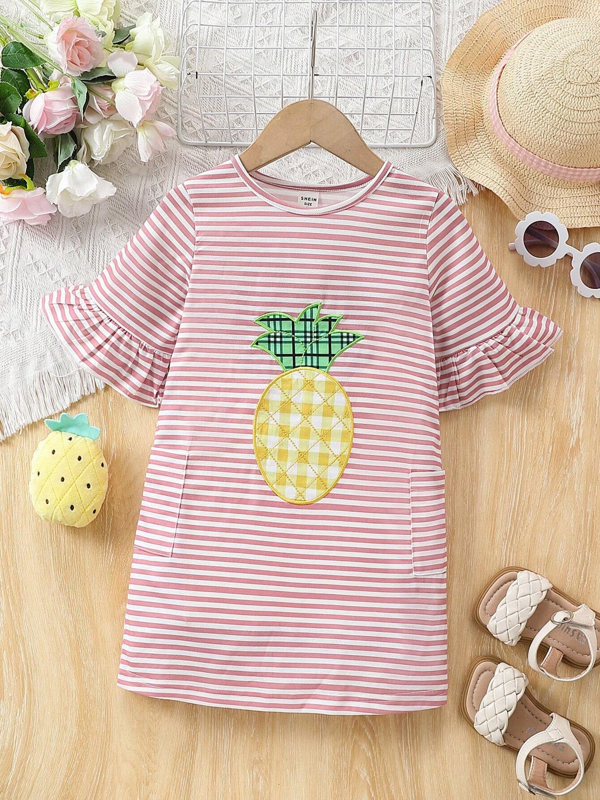 Young Girl Striped Pineapple Embroidered Short Sleeve Dress