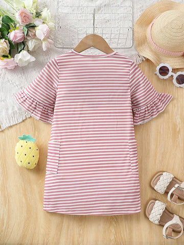 Young Girl Striped Pineapple Embroidered Short Sleeve Dress