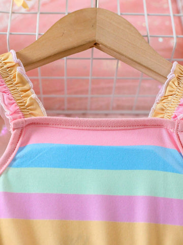 Young Girl Striped Print Colorblock Frill Trim Cami Dress For Summer