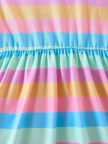 Young Girl Striped Print Colorblock Frill Trim Cami Dress For Summer