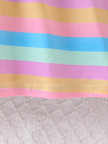 Young Girl Striped Print Colorblock Frill Trim Cami Dress For Summer