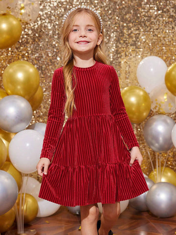 Young Girl Striped Velvet A-Line Dress,Elegant Long Sleeve Velvet Cake Dress