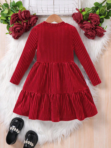 Young Girl Striped Velvet A-Line Dress,Elegant Long Sleeve Velvet Cake Dress