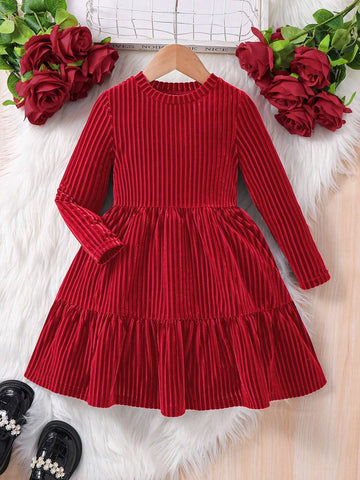 Young Girl Striped Velvet A-Line Dress,Elegant Long Sleeve Velvet Cake Dress