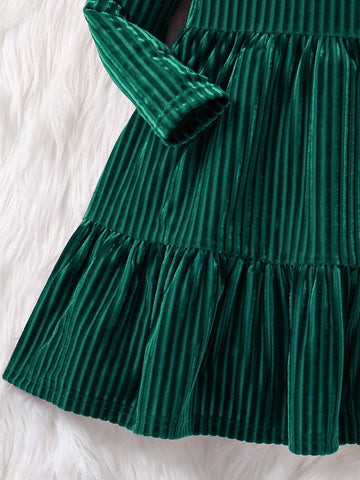 Young Girl Striped Velvet A-Line Dress,Elegant Long Sleeve Velvet Cake Dress