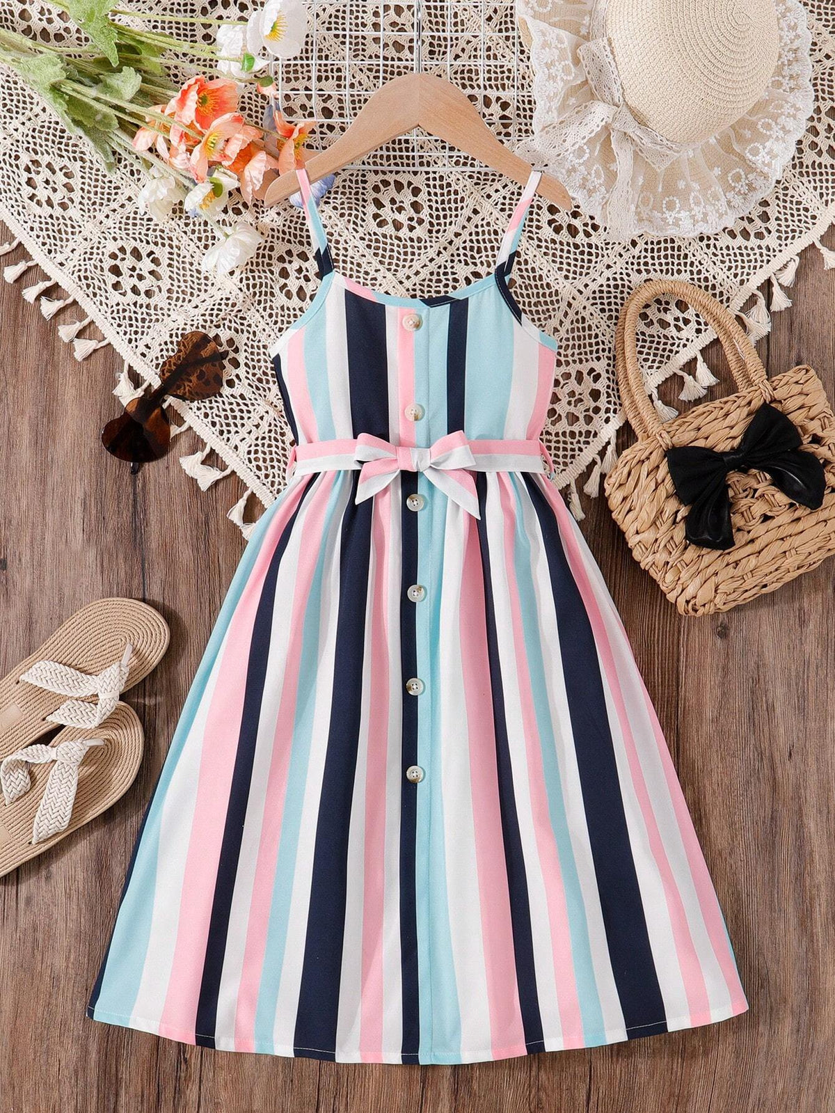 Young Girl Striped & Printed Casual Summer Dress, Holiday Style, Sleeveless With Cooling Effect, Comes With 1 Waist Belt