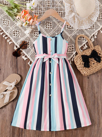 Young Girl Striped & Printed Casual Summer Dress, Holiday Style, Sleeveless With Cooling Effect, Comes With 1 Waist Belt