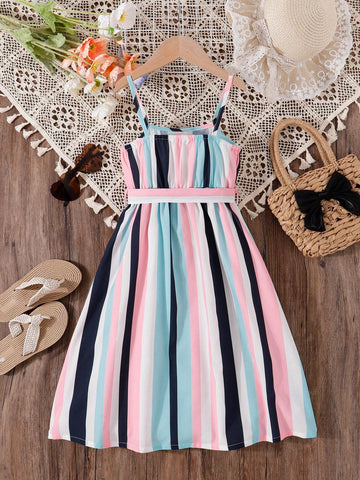 Young Girl Striped & Printed Casual Summer Dress, Holiday Style, Sleeveless With Cooling Effect, Comes With 1 Waist Belt