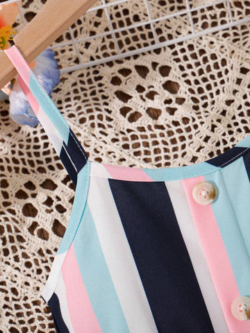 Young Girl Striped & Printed Casual Summer Dress, Holiday Style, Sleeveless With Cooling Effect, Comes With 1 Waist Belt