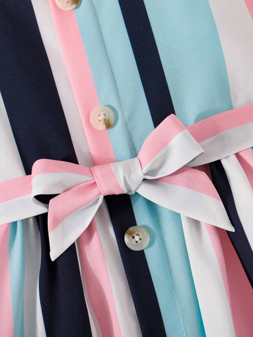 Young Girl Striped & Printed Casual Summer Dress, Holiday Style, Sleeveless With Cooling Effect, Comes With 1 Waist Belt