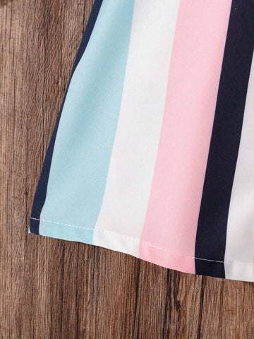 Young Girl Striped & Printed Casual Summer Dress, Holiday Style, Sleeveless With Cooling Effect, Comes With 1 Waist Belt