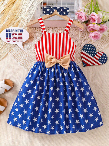 Young Girl Striped & Star Print Bow Front Cami Dress For Summer