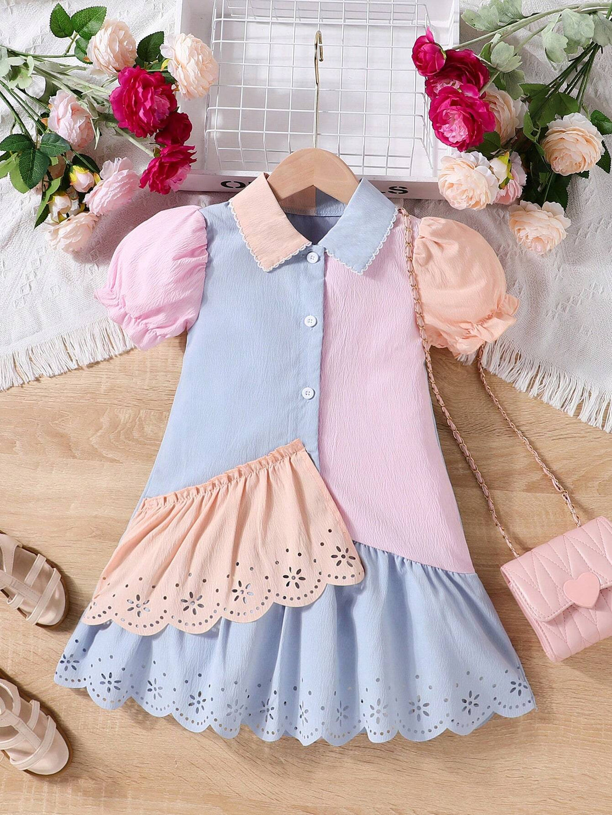 Young Girl Stylish Summer Sweet Bubble Sleeve Irregular Spliced Dress With Turn-Down Collar