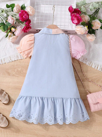 Young Girl Stylish Summer Sweet Bubble Sleeve Irregular Spliced Dress With Turn-Down Collar