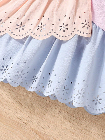 Young Girl Stylish Summer Sweet Bubble Sleeve Irregular Spliced Dress With Turn-Down Collar