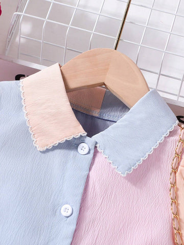 Young Girl Stylish Summer Sweet Bubble Sleeve Irregular Spliced Dress With Turn-Down Collar