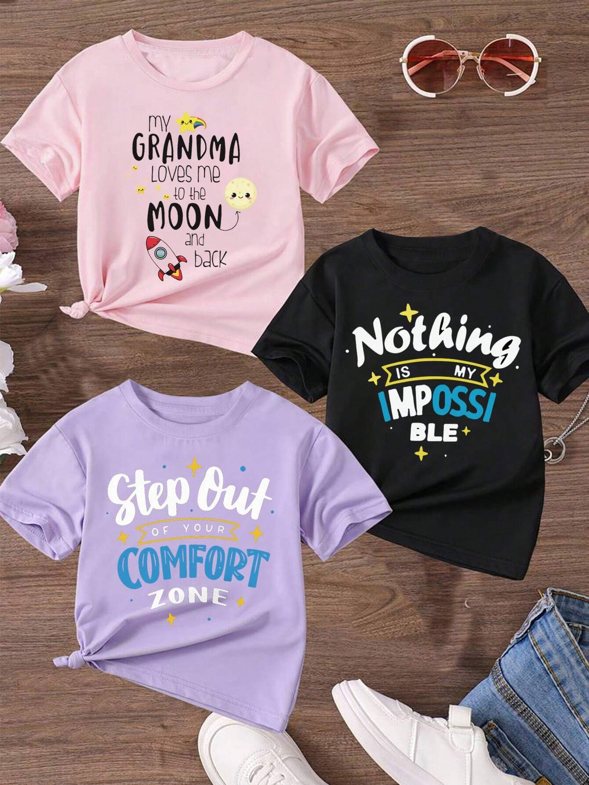 Young Girl Summer 3pcs/Set Slogan Graphic T-Shirt Fashionable Short Sleeve Tops