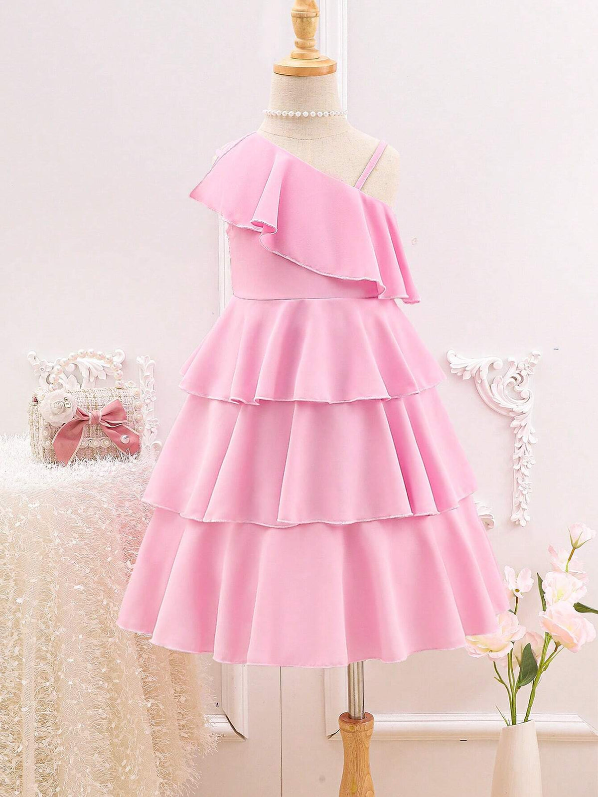 Young Girl Summer Asymmetrical Neck Ruffled Princess Dress, Sweet And Elegant Little Girl's Dress, Formal Dress