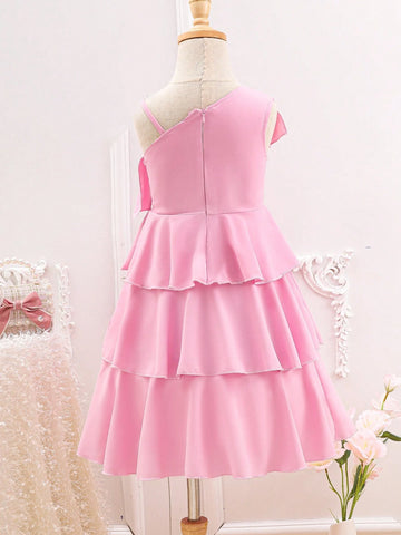 Young Girl Summer Asymmetrical Neck Ruffled Princess Dress, Sweet And Elegant Little Girl's Dress, Formal Dress